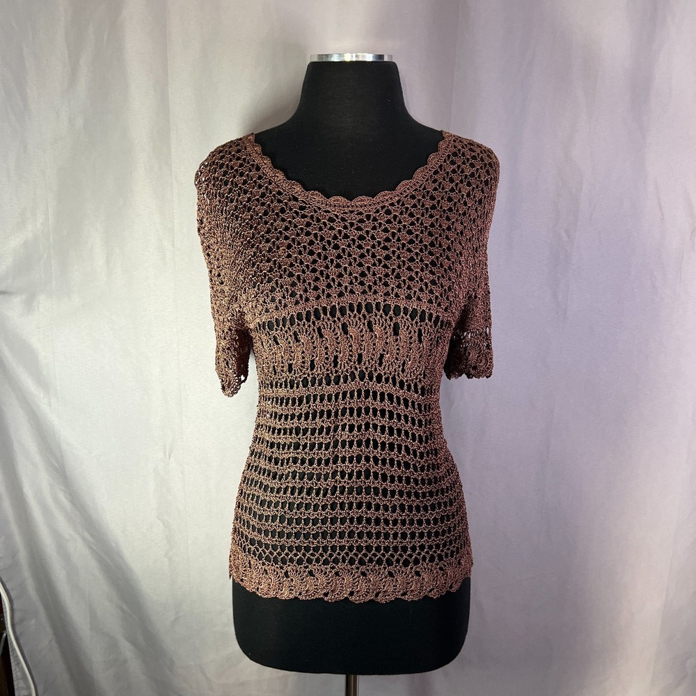 Carol Anderson California Blouse Top Womens Medium Brown Open Knit Round Neck